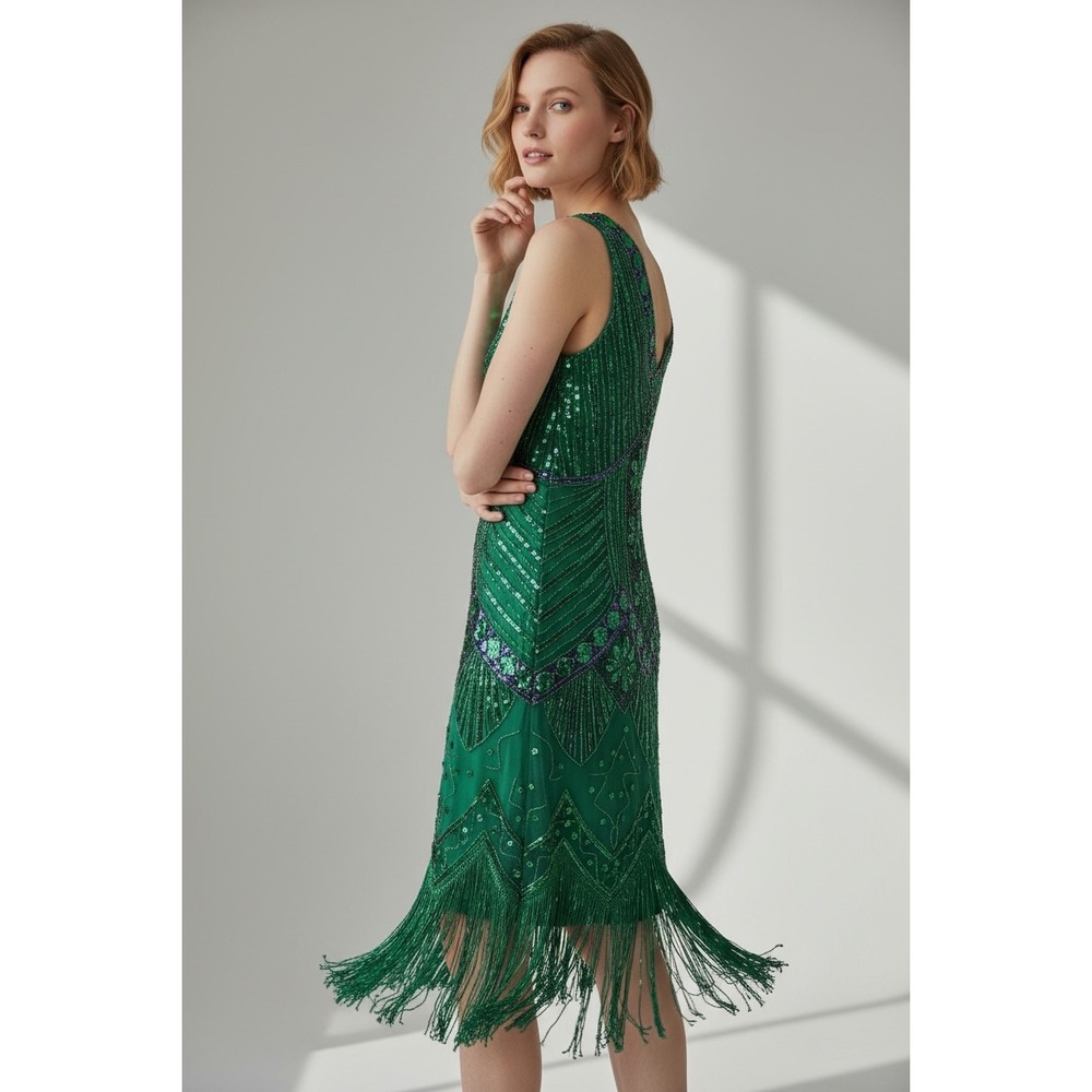 Art Deco Roaring 20s Flapper Dress Costume Emerald Gatsby Sequin Fringe Glitz S